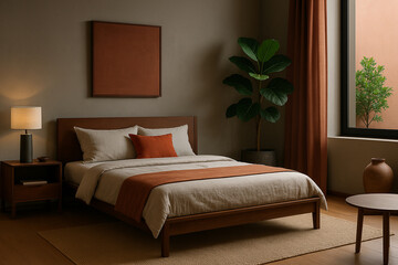 Modern Japandi Bedroom with Walnut Furniture and Terracotta Accents