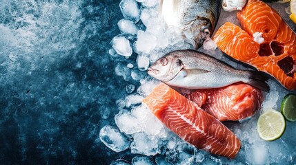Seafood Delights: A mouthwatering assortment of fresh fish and salmon fillets are artfully arranged on a bed of ice, inviting and visually appealing.