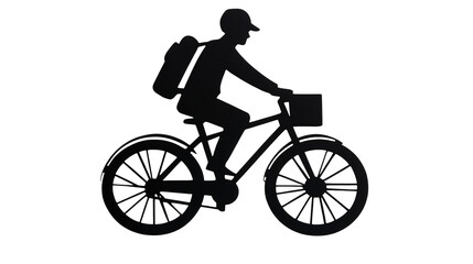 Naklejka premium Silhouette of a cyclist with a backpack and basket, cut out transparent