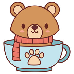 Cute Brown Bear with Scarf in Blue Mug, Cartoon Animal, Transparent Background