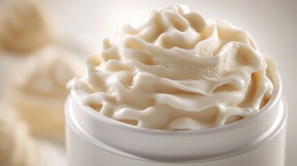 Vanilla ice cream in a sleek white jar with a smooth creamy texture, soft swirls on top, isolated on white.