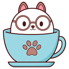 Cartoon Cute White Cat with Glasses Inside Blue Cup with Paw Print, Transparent BG