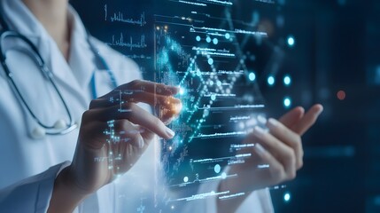 a medical professional interacting with a futuristic digital interface, showcasing advancements in healthcare