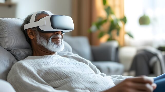 Elderly man experiences virtual reality using a VR headset