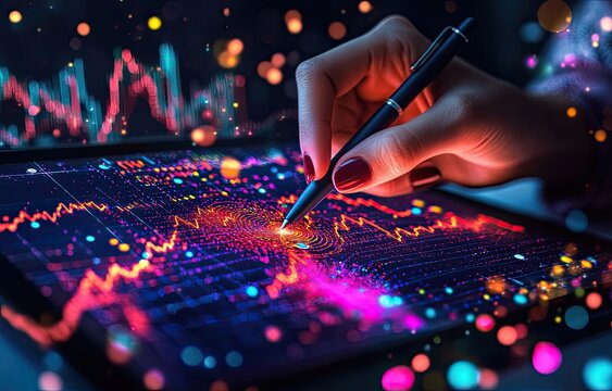 In a modern office, a trader reviews  exchange data on a tablet, focusing on candle line graphs and charts to strategize investments. The screen reflects real-time market analysis