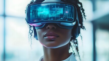 an individual with immersive virtual reality goggles, showcasing a future of interactive technology