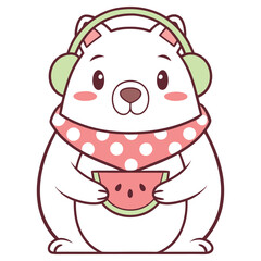 Playful Cartoon Polar Bear with Headphone and Watermelon on White Background