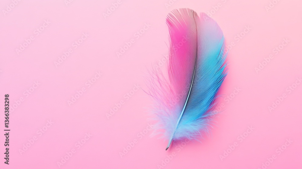 Poster a soft pastel feather in shades of pink and blue lies on a calming gradient pink background, creatin