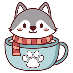 Cartoon Grey Wolf Character in Blue Cup with Scarf on White Background