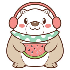 Obraz premium Cute Bear Wearing Headphones and Scarf Holding Watermelon Slice