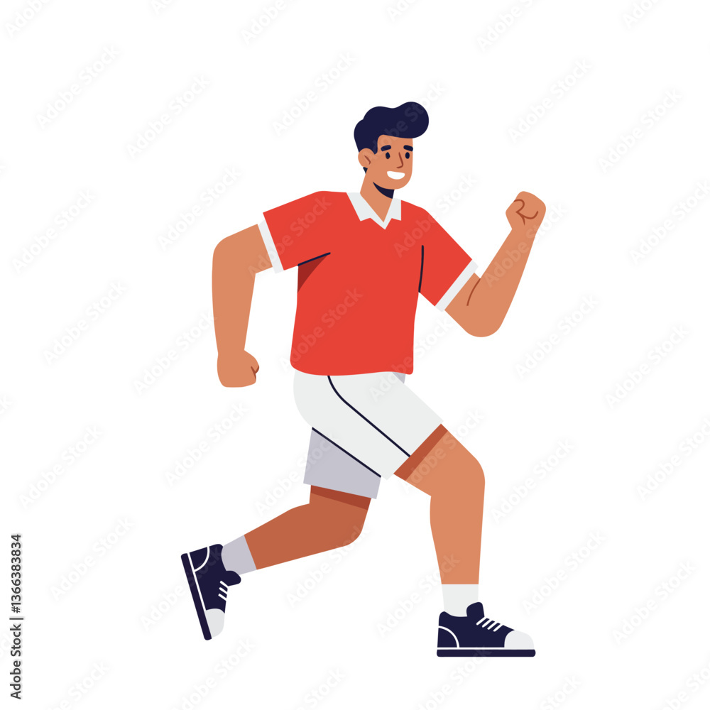 Poster dynamic soccer player in red jersey sprinting forward in a flat, minimal design style showcasing ent