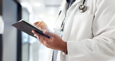 Hands, man or doctor on tablet in hospital for schedule, cardiology research or healthcare...