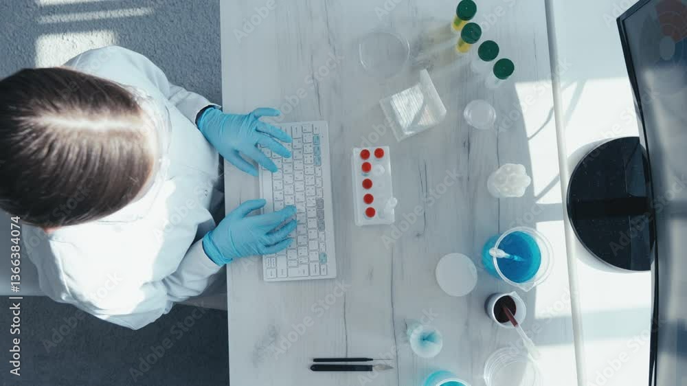 Poster a dedicated scientist in a lab coat operates a keyboard with crucial materials, conducting essential