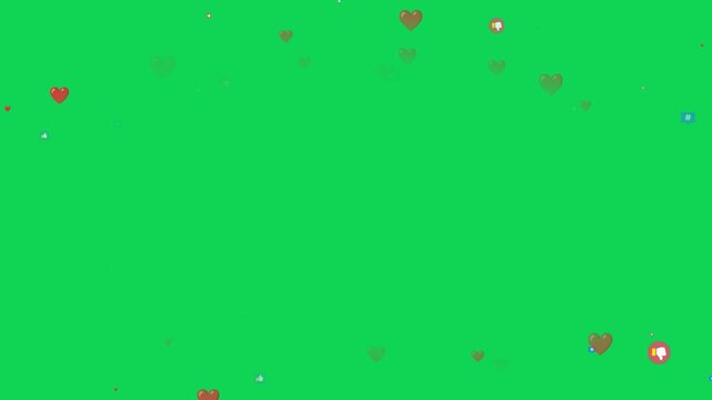 A stream of social media icons including like, dislike, heart and hashtag appears to float gently toward the viewer, set against a chroma key green screen with clear center space.