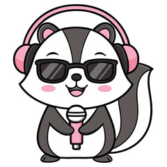 Cute Skunk with Headphones & Sunglasses Holding Microphone on White Background