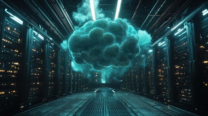 Futuristic server room with a digital cloud
