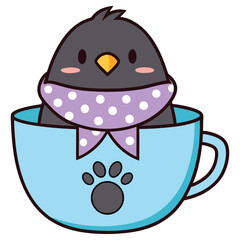 Cute Cartoon Bird with Scarf in Blue Tea Cup with Paw Print on White