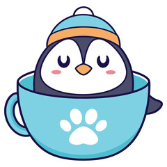 Cute Penguin in Blue Mug Wearing a Hat Cartoon with Paw Print Decoration