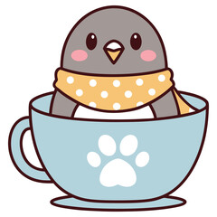 Cute Gray Kawaii Penguin in Blue Paw Print Mug Wearing Scarf