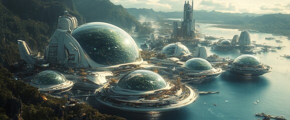 Utopian metropolis on the water, a futuristic vision of coexistence