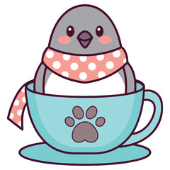Cute Cartoon Pigeon in Blue Tea Cup with Paw Print and Pink Polka Dot Scarf