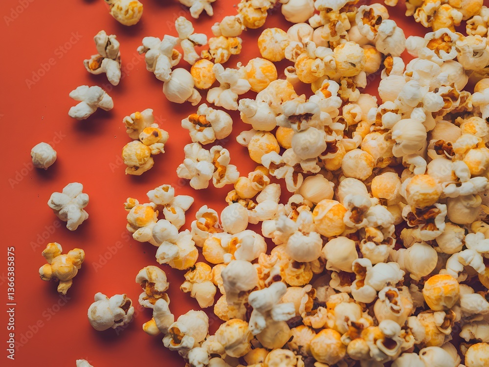 Aufkleber popcorn delight on red, a top-down view of scattered kernels offering a warm, appetizing presentatio