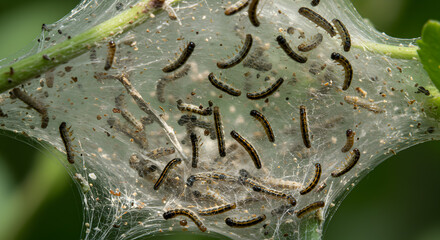Caterpillar infestation: A macro view of tent caterpillars within a silk web nest