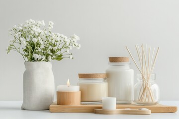 Spa still life with candles, gypsophila flowers, and reed diffuser, a serene and tranquil home decor.