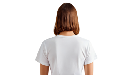 Woman's back view with brown bob hairstyle, cut out transparent