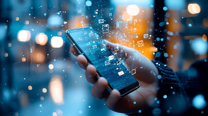 Digital Connection: A close-up shot features a hand holding a smartphone, with digital data points and icons floating around, capturing the essence of modern technology and digital communication.