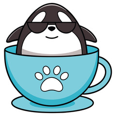 Cartoon Cool Penguin in Cup with Paw Print Transparent Background Design