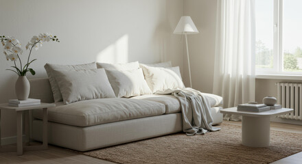 Soft sunlight pours into a cozy living room, illuminating a sleek, neutral-toned sofa adorned with plush pillows. A simple coffee table complements the elegant decor