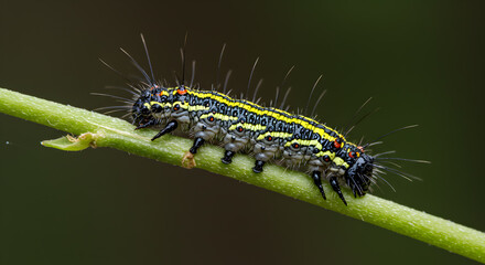 Striking caterpillar on a vibrant green stem, showcasing intricate patterns and textures