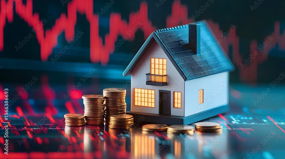 Poster a miniature house with coins beside it, set against an abstract background of rising stock market gr