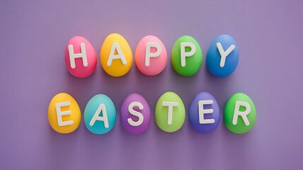 Fototapeta premium A collection of multicolored eggs spelling out the words 'Happy Easter' in vibrant colors with solid purple background and white letters, creating a festive and eye-catching Easter design festive vibe