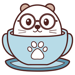 Cartoon Cat with Glasses in Cup with Paw Print Design on Transparent Background
