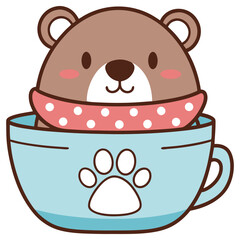 Cartoon Brown Bear in Light Blue Cup with Paw Print and Polka Dot Scarf Design