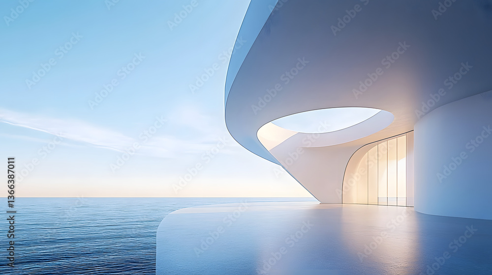 Poster a white building with curved walls on the sea, a 3d rendering of an architectural design style