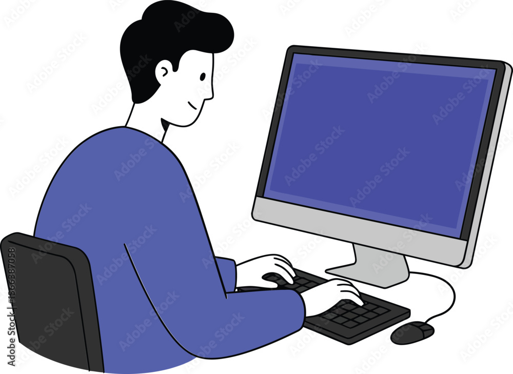 Poster a man sitting at a desk working on a computer with a blue screen in a flat vector illustration
