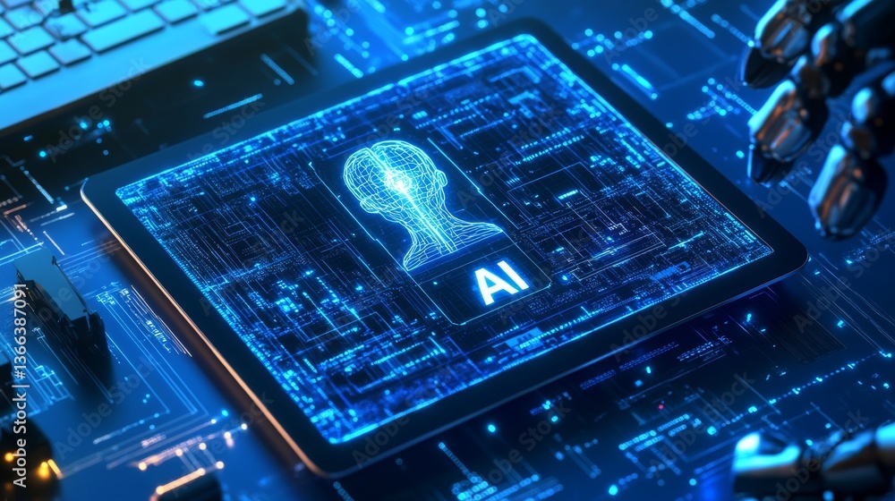 Poster a cutting-edge ai interface displayed on a tablet, featuring a glowing blue human head hologram on a