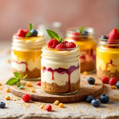Different summer cheesecakes in jars