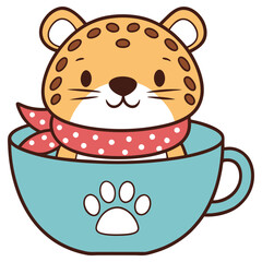 Cute Cartoon Leopard Cub with Scarf in Teacup with Paw Print Isolated