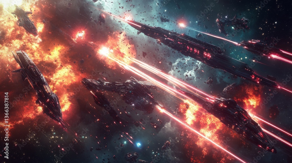 Poster intense space battle featuring futuristic starships firing laser blasts amidst exploding debris and 