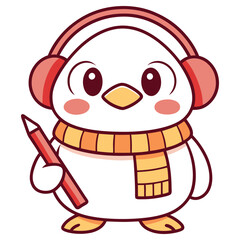 Fototapeta premium Cartoon Penguin with Earmuffs & Scarf Holding Pencil on Transparent Background