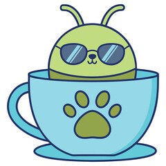 Obraz premium Cartoonish Green Alien in Blue Cup with Paw Transparent Background Icon