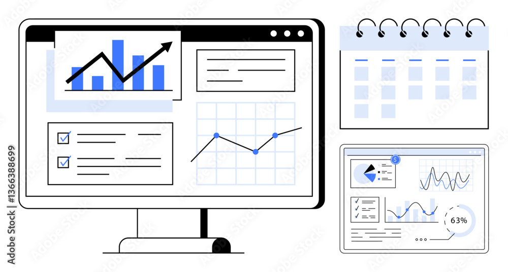 Poster computer screen showing graphs, task list, calendar, and detailed dashboard charts. ideal for produc