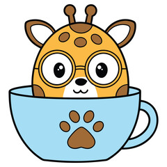 Cartoon Giraffe With Glasses Inside Blue Cup With Paw Print Transparent