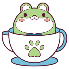 Cute Green Frog Character Sitting Inside A Cup With Paw Print Design Isolated