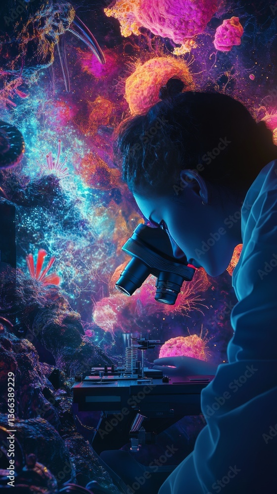 Poster a dedicated scientist observing colorful microorganisms through a microscope in a vividly detailed l
