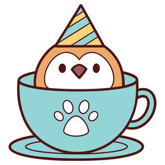 Cute Brown Cartoon Owl with Party Hat in Blue Teacup and Paw Transparent
